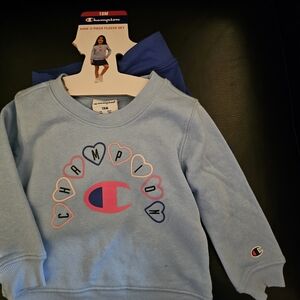 Champion 2PC Matching Logo Set. Light Blue Sweatshirt & Blue Logo Skort NWT 18M